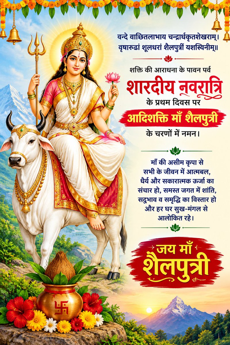 vinaykumar3197's tweet photo. शारदीय नवरात्रि के प्रथम दिवस पर आदिशक्ति माँ शैलपुत्री के श्रीचरणों में कोटि-कोटि नमन। 🙏🚩
जय माता दी https://t.co/EUeB3q48Rq