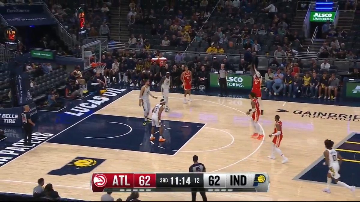 An NBA game broadcast showing ATL 62 tied with IND 62 at 11:14 in the 3rd quarter, played at Gainbridge Fieldhouse in Indianapolis.