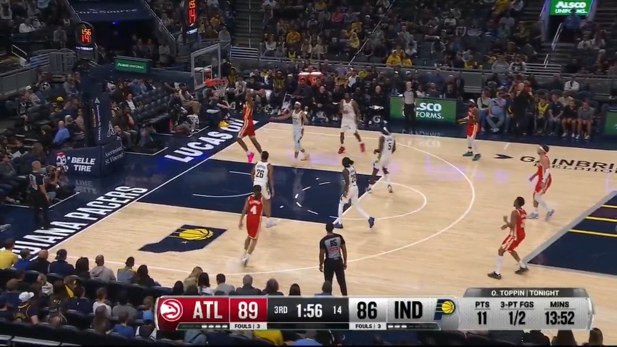 An NBA basketball game broadcast between the Atlanta Hawks (ATL 89) and Indiana Pacers (IND 86) with 1:56 remaining in the 3rd quarter, showing players on the court with a stat graphic for O. Toppin at 11 points.