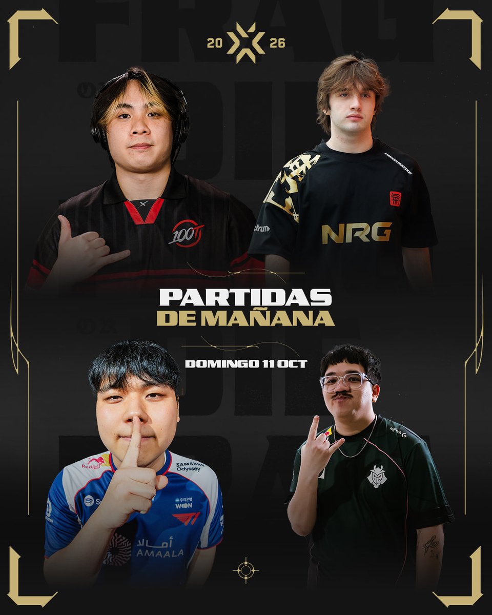 valesportsla's tweet photo. ÚLTIMA OPORTUNIDAD DE MANTENERSE CON VIDA.
¿Qué equipos lograrán entrar a la semana Final de #VALORANTChampions? 

@100T_VAL vs @NRGgg 
@T1 vs @G2VALORANT https://t.co/wfXrurBiHb
