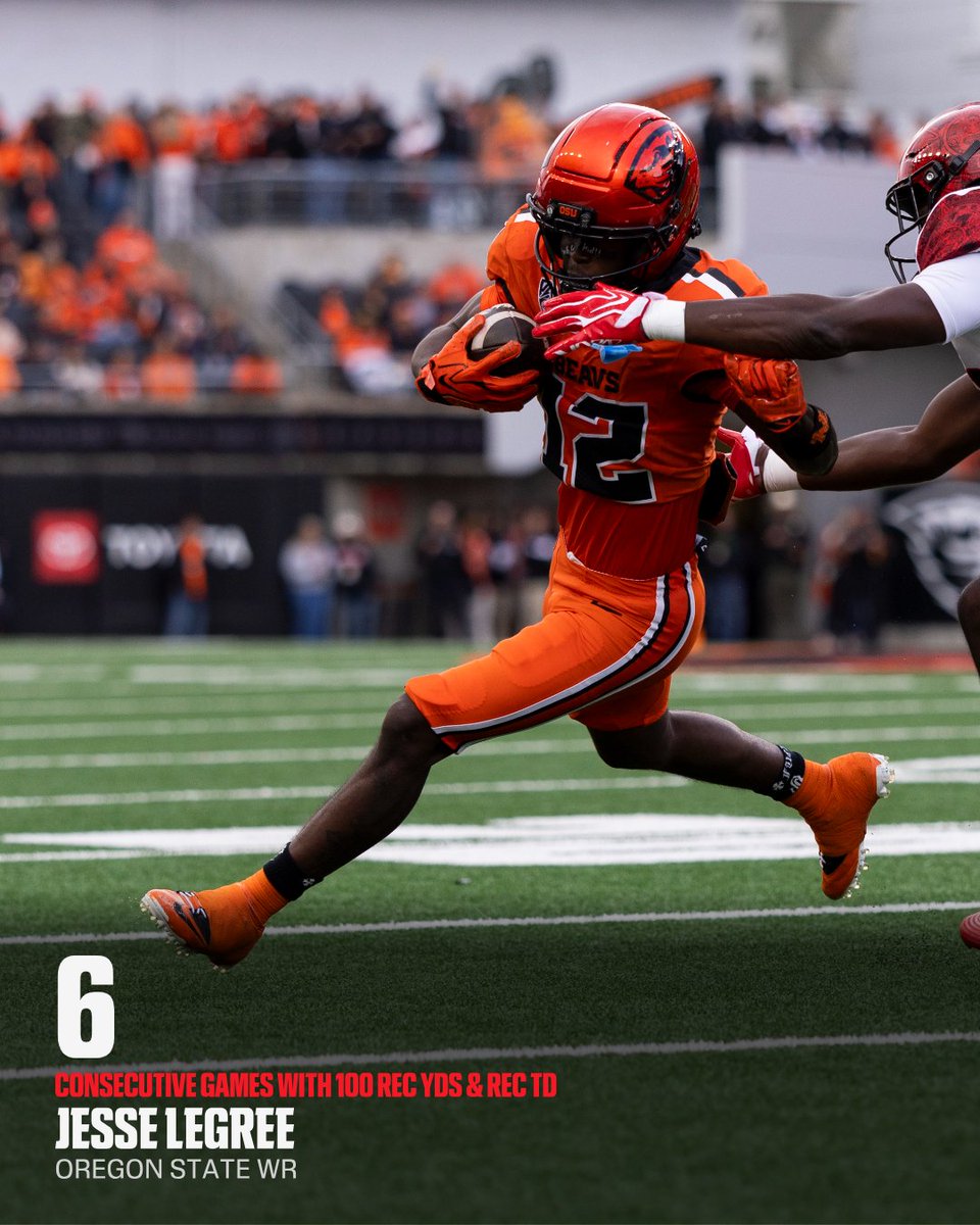 ESPNInsights's tweet photo. LEGREE FOR THREE 🏈🏈🏈

With three scores, Oregon State's Jesse Legree has passed Ohio State's Jeremiah Smith for the FBS lead with 12 Rec TD this season!

The true freshman has recorded 100 Rec yds and a Rec TD in 6 straight games, the longest streak by an FBS player since Oklahoma's Dede Westbrook in 2016 (also 6).