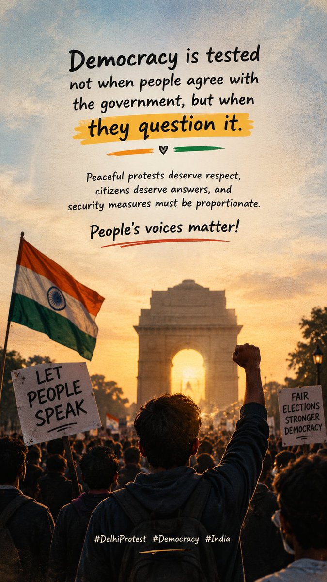 FrameByAnish's tweet photo. Democracy is tested not when people agree with the government, but when they question it. 🇮🇳

Peaceful protests deserve respect, citizens deserve answers, and security measures must be proportionate. People's voices matter!

#DelhiProtest #Democracy #India https://t.co/KLOwagOvCK