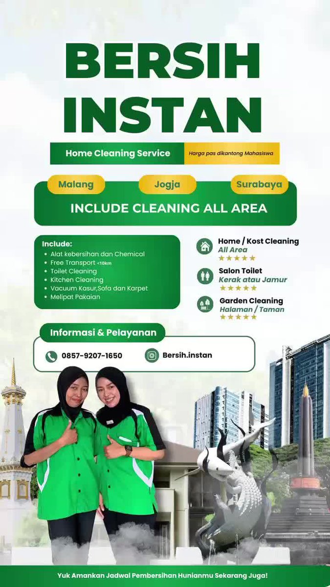 BersihInstan's tweet photo. warga @infomalang!!👋, yang lagi butuh Jasa Bersih-bersih Panggilan! 

🫧 Siap 24/7 untuk seluruh area Malang.  Melayani kos, rumah, apartemen, salon toilet, dll.  
Start from Rp 60.000!

📍Jl Boro Bugis, Malang  
📲Pesan:  #pasarmingguinfomalang #Malang https://t.co/tOVykXG5lz