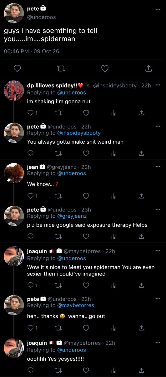 kittycatlix's tweet photo. Waiter Waiter the usual order of peter tweets with a side of #spideywings Please! https://t.co/rTJ8v0GLCE