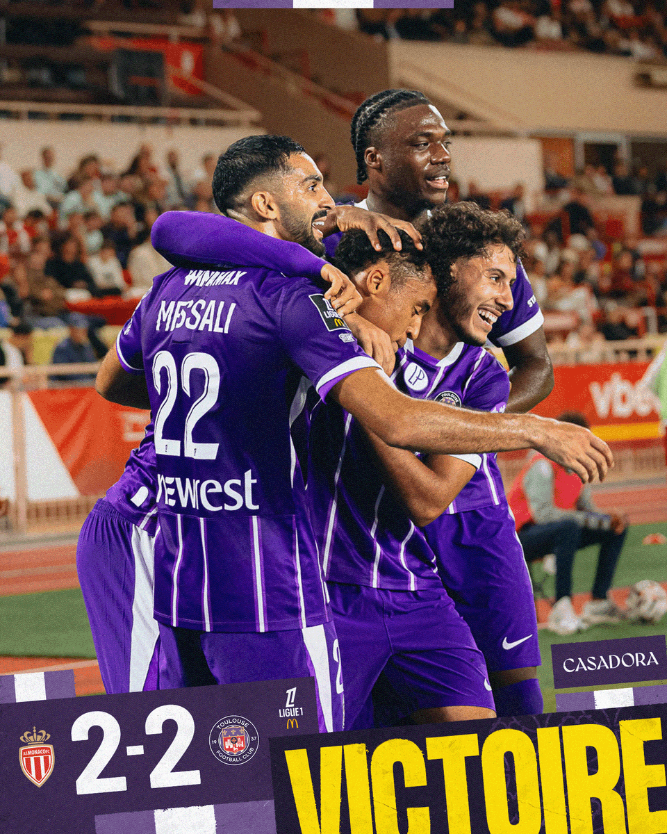ToulouseFC's tweet photo. Menés 2-0 à la pause, nos Violets n'ont pas baissé les bras et ont trouvé les armes pour revenir au score et ramener un point de chez le leader !

#ASMTFC https://t.co/0JLEWeCKRn