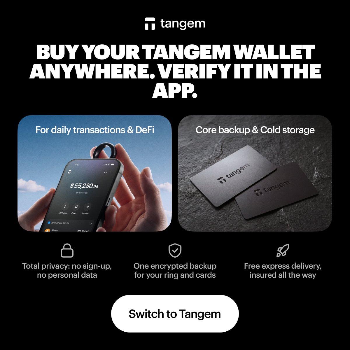 Tangem's tweet photo. Worried about a compromised hardware wallet? 🔍

The official Tangem app verifies your wallet's authenticity and checks whether it was previously activated.

Protect your crypto. Switch to Tangem and save 30%.