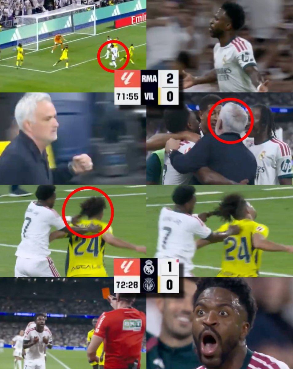 InvictosSomos's tweet photo. Esto pasó en el Santiago Bernabéu. Vinicius Júnior marcó tras entrar de cambio y provocó la locura en el madridismo. Su gol emocionó tanto que hasta José Mourinho corrió por todo el campo para ir a festejar con él.

Todo era fiesta, todo era alegría. Sin embargo, pasó algo que el videoarbitraje detectó. En la carrera previa a su gol, Vinicius le jaló el pelo a Nathan Saliba. Y tras la intervención del VAR, el árbitro central anuló la anotación y EXPULSÓ al jugador brasileño del Real Madrid. 

De reencontrarse con el gol, besar el escudo del Real Madrid y celebrar con José Mourinho, a ver cómo le anularon su anotación y dejar a su equipo con 10 hombres. 

Este giro de guion no se lo esperaba nadie.

LO DE VINICIUS ES INCREÍBLE.