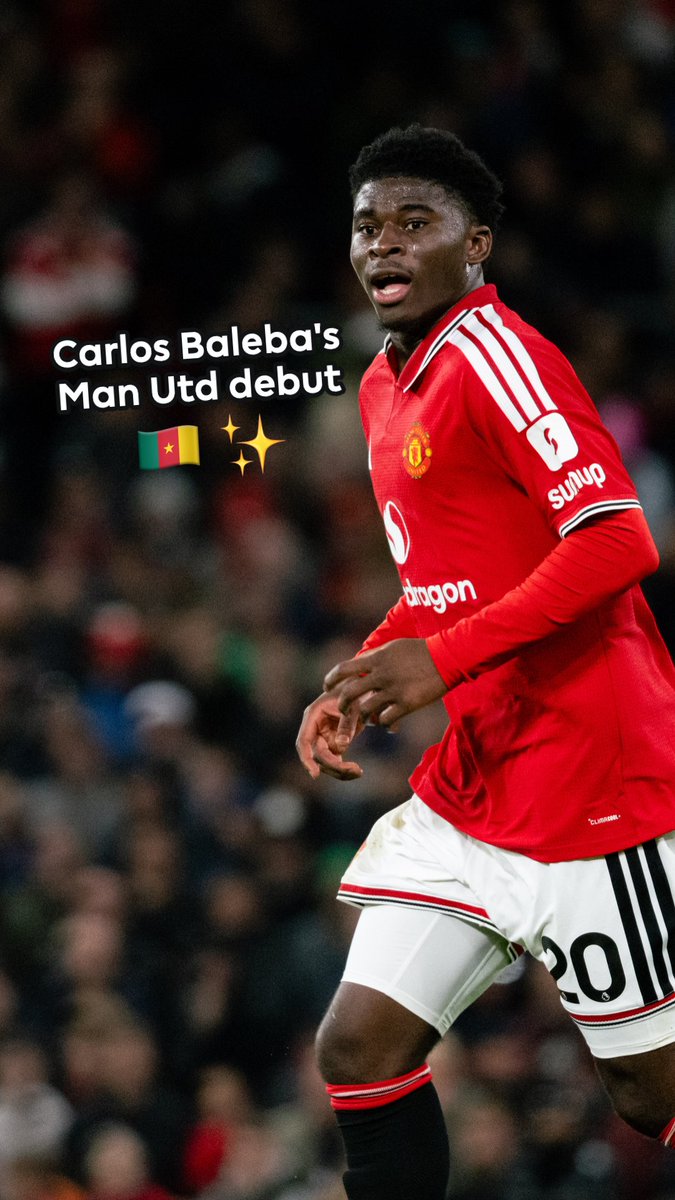 A photo of a Manchester United soccer player in a red jersey, captioned "Carlos Baleba's Man Utd debut" with a Cameroon flag and sparkle emojis.