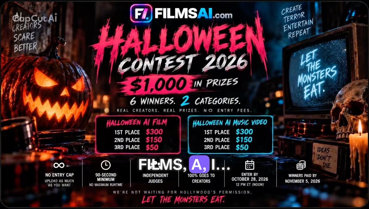 Promotional graphic for the 'Halloween Contest 2026' by FilmsAI.com and ClipCut Ai, offering $1,000 in prizes across two categories—Halloween AI Film and Halloween AI Music Video—with a deadline of October 28, 2026.