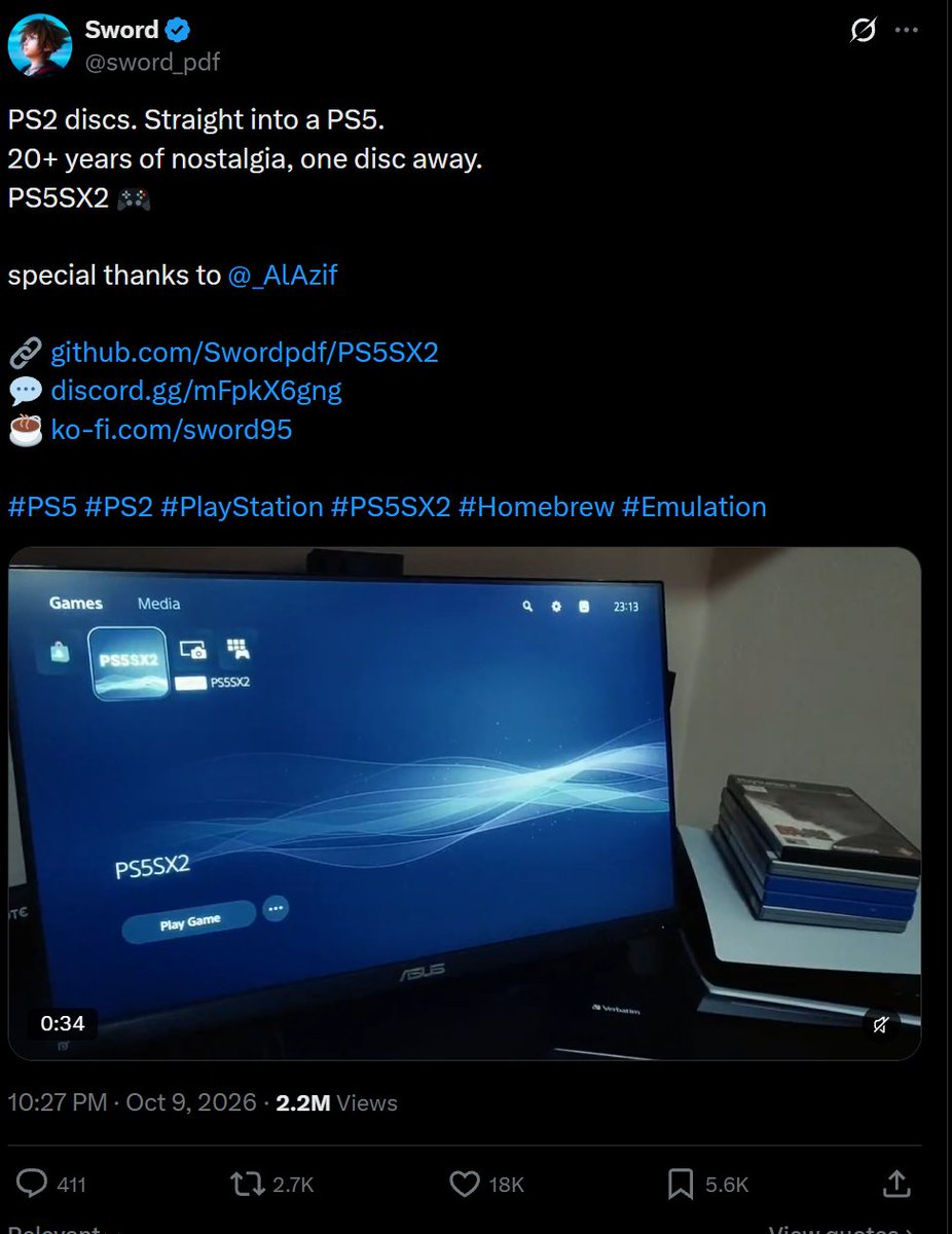real_klea's tweet photo. For those who don’t get it, the narrative is simple.

Sony keeps pushing subscriptions while people still own their favourite PS2 PS3 PS4 games on disc. Now an open-source dev is giving them a way to play those games on PS5.

People want to play the games they grew up with without paying for them again. That’s why this is going so viral… it’s all over TikTok, and big gaming YouTubers are covering it too.