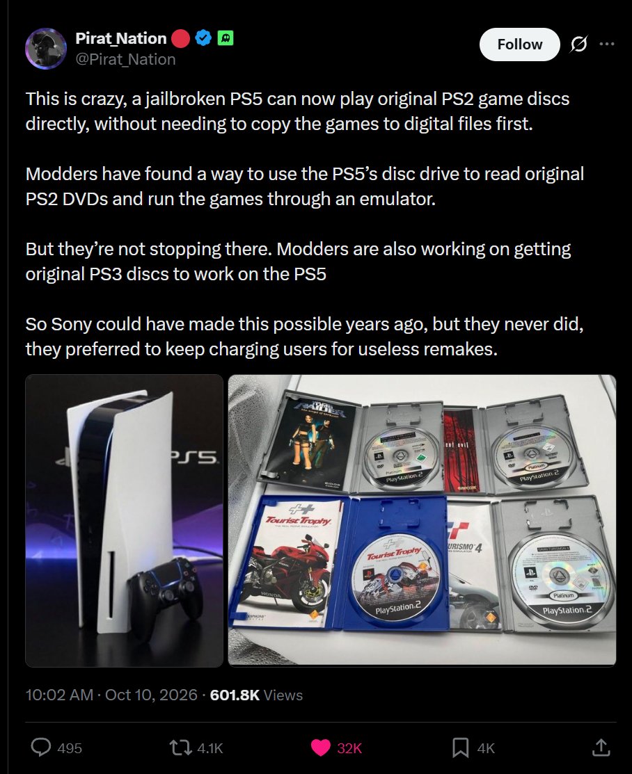 real_klea's tweet photo. For those who don’t get it, the narrative is simple.

Sony keeps pushing subscriptions while people still own their favourite PS2 PS3 PS4 games on disc. Now an open-source dev is giving them a way to play those games on PS5.

People want to play the games they grew up with without paying for them again. That’s why this is going so viral… it’s all over TikTok, and big gaming YouTubers are covering it too.