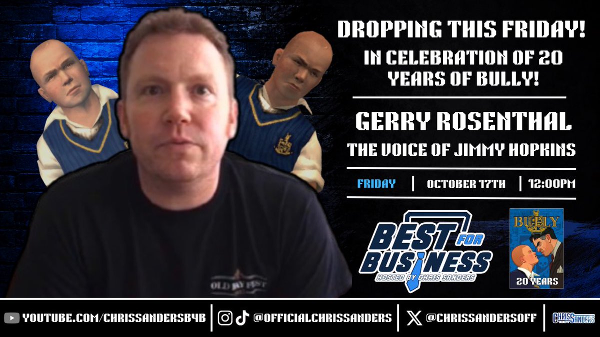 ChrisSandersOff's tweet photo. BREAKING NEWS ‼️

@gerry_rosenthal aka the voice of Jimmy Hopkins in the iconic @RockstarGames’ Bully joins me for a rare conversation on the 20th anniversary of the release.

Drops on 10/17/2026 at 12:00pm

🔗: https://t.co/180zeUnizf https://t.co/XeNvkeFzS6