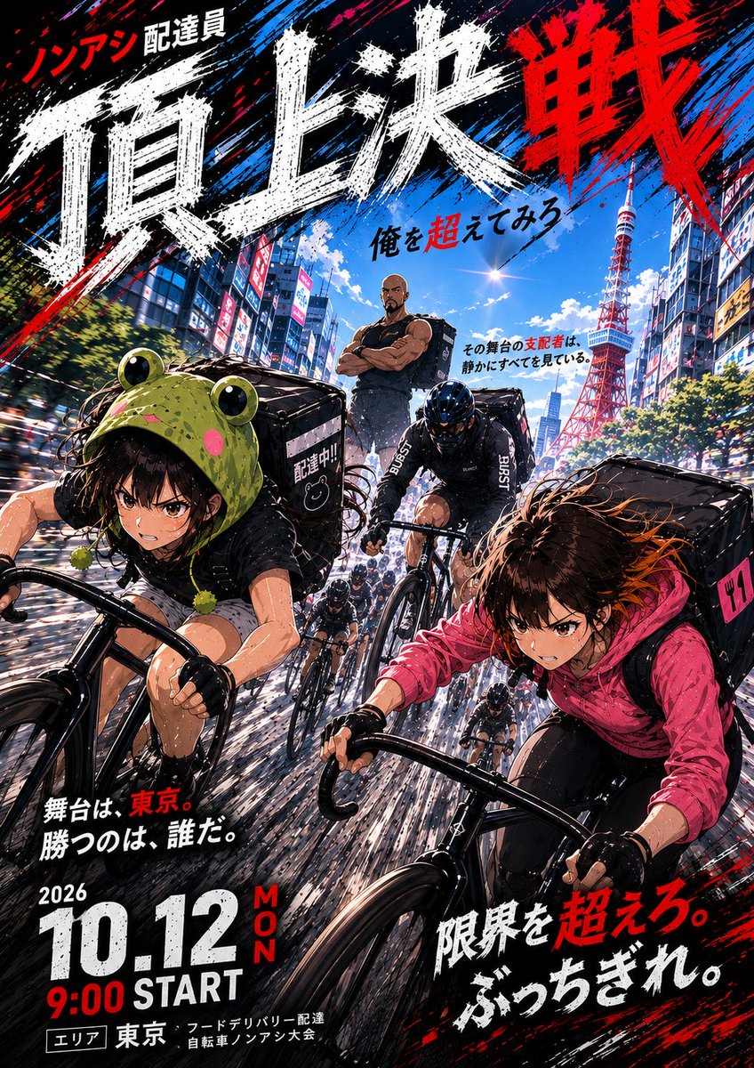 Uber_driver2020's tweet photo. ノンアシスト自転車配達員大会
最初で最後の頂上決戦

【出場者の紹介】

《エントリーNo.1》
はっぴー
@ganjayummy
配達員歴4ヵ月/クロスバイク/東京
期待の新人枠狙って頑張りたいです！

《エントリーNo.2》
自転車100万達成「tb1e」（阿鼻教官）
@7w6XEiTyAz51840
配達員歴1年/ロードバイク/東京
ザワックスさんのサイン入りトロフィーが欲しいので頑張ります!

《エントリーNo.3》
uberチャリチャリ
@poppipi03
配達員歴1年/ロードバイク/東京
自分の限界を超えるべく全力を尽くします

《エントリーNo.4》
ともさん@相互フォロー
@poitomosan
配達員歴3年/ロードバイク/埼玉
競技畑出身ですが安全第一で頑張ります！

《エントリーNo.5》
ゆぐる🐈瀬戸さん
@29Q1059_yoogle
配達員歴3年/クロスバイク/東京
元ノンアシ配達員として頑張らせていただきます！

《エントリーNo.6》
shiruko@🐸🥫🚀クロカブ時々gear
@shiruko0808
配達員歴3年/クロスバイク/東京
久々の自転車ですが楽しみます！

《エントリーNo.7》
ﾏﾏﾁｬﾘﾆｷ＠借金 3桁ド畜生🚴
@fugupuffer25
配達員歴3年/軽快車/東京
ママチャリだけで叶えられる夢を同じく借金で苦しんでいる同志達に伝えたい！！

《エントリーNo.8》
さくぺろ🦔
@sakuperoncho
配達員歴4年/息子のレンタル自転車/栃木
ザワックスを倒すのは俺です

《エントリーNo.9》
椛
@Maple_Logs
配達員歴5年/ロードバイク/神奈川
猛者の皆さんに食らいついていけるように頑張ります！

《エントリーNo.10》
ネコ丸@東京フードデリバリー
@rinrincycle
配達員歴5年/ロードバイク/東京
最近は短時間の配達ばかりなので、初心を思い出す為とチェックポイント制が面白そうなので参加させて頂ければ嬉しいです。よろしくお願い致します

《エントリーNo.11》
しまお・自転車整備士配達員
@UberRoma3Bianch
配達員歴5年/クロスバイク/東京
安全第一で楽しみます😊

《エントリーNo.12》
hyperdokinchan
@hyperdokinchan
配達員歴6年/ロードバイク/東京
当日は事故なく頑張ります！

《エントリーNo.13》
ジャッキー・チュン
@Jacky_chun5963
配達員歴6年/フィックスギア/東京
上には上がいることを教えてあげます
※本人の希望により、サブ垢での出場

《エントリーNo.14》
ボルドーの彗星🐸uber🚴‍♂️副業
@Fxstc93Uber 
配達員歴7年/ロードバイク/埼玉
全受けのリザルトを見せてやるぜ！

《エントリーNo.15》
ポルコ
@tobenaibuta_des
配達員歴8年/クロスバイク/東京
ぜひ、自分の実力がどの程度なのか大会を通じて試してみたいです

《エントリーNo.16》
やぎちゃん🐸
@uber_yagidayo39
配達員歴9年/クロスバイク/東京
足を治してくれる院長へ良い報告をする✊‼️

以上、応援よろしくお願いします📣