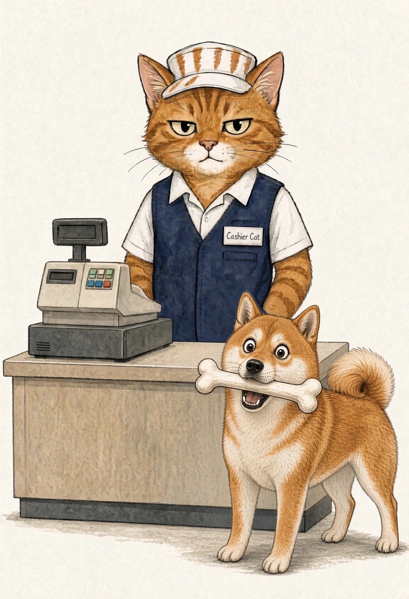 cashiercatx's tweet photo. Sir, the bone is not legal tender. I’m afraid I only accept $CASHCAT.

NEXT CUSTOMER IN LINE, PLEASE! https://t.co/hZKlre8g4q