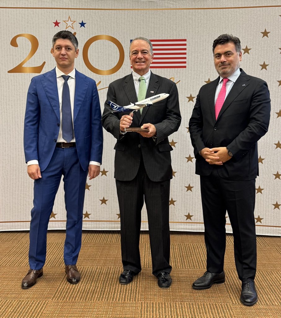 USAmbRO158's tweet photo. Wheels up on a new era for #TAROM with the delivery of two @Boeing jets✈️.  Honored to host CEO Cristian Anghel and the Boeing Company’s Mario Ebcim to the Embassy today to celebrate this important step in 🇺🇸U.S.-🇷🇴Romania aviation cooperation. https://t.co/TmJ7s46Dxg