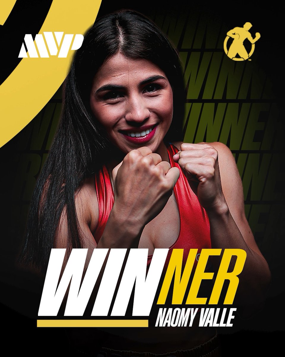 An MVP promotional poster declaring 'WINNER NAOMY VALLE' featuring a smiling female boxer in a red tank top posing with her fists raised.