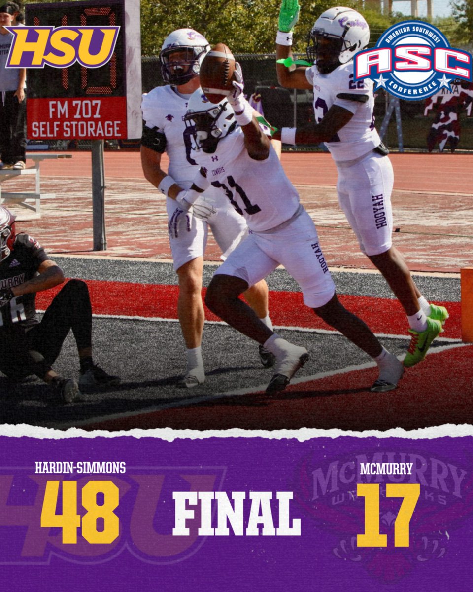 HSUAthletics's tweet photo. Hardin-Simmons retains the Wilford Moore Trophy with a 48-17 win over McMurry. #d3fb

@ASC_Sports @FloCollege https://t.co/bFpavQLhyY