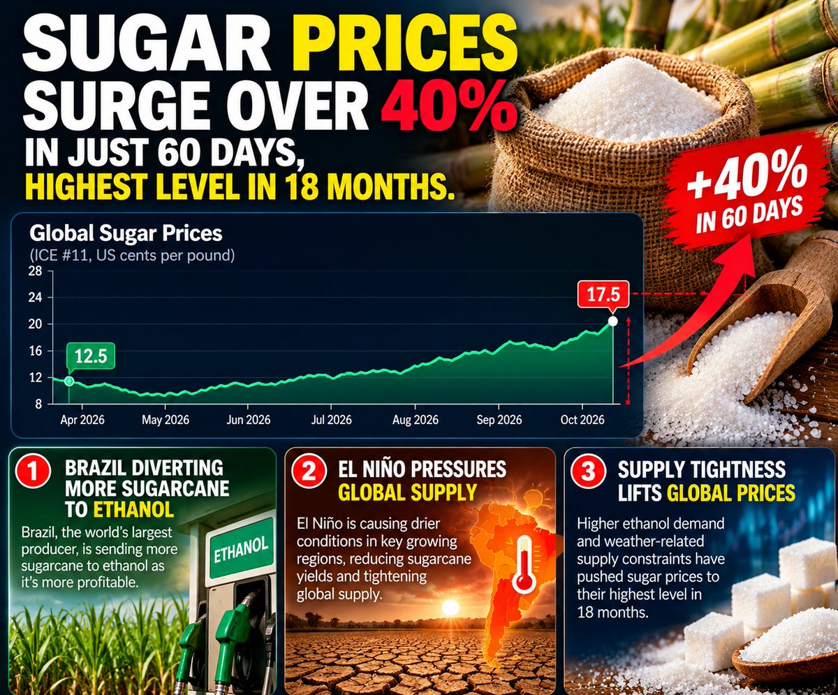 Sugar prices surged over 40% in just 60 days, its highest level in 18 months. $SPY $QQQ $DIA $IWM 📷
