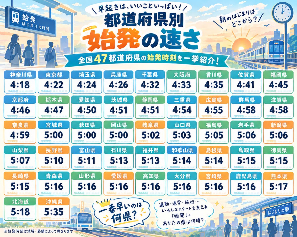 yuna_money's tweet photo. 【全国で一番早い始発はどこの県？】
都道府県別に始発の時刻をまとめてみた🚃 https://t.co/nmnWgdnmLC
