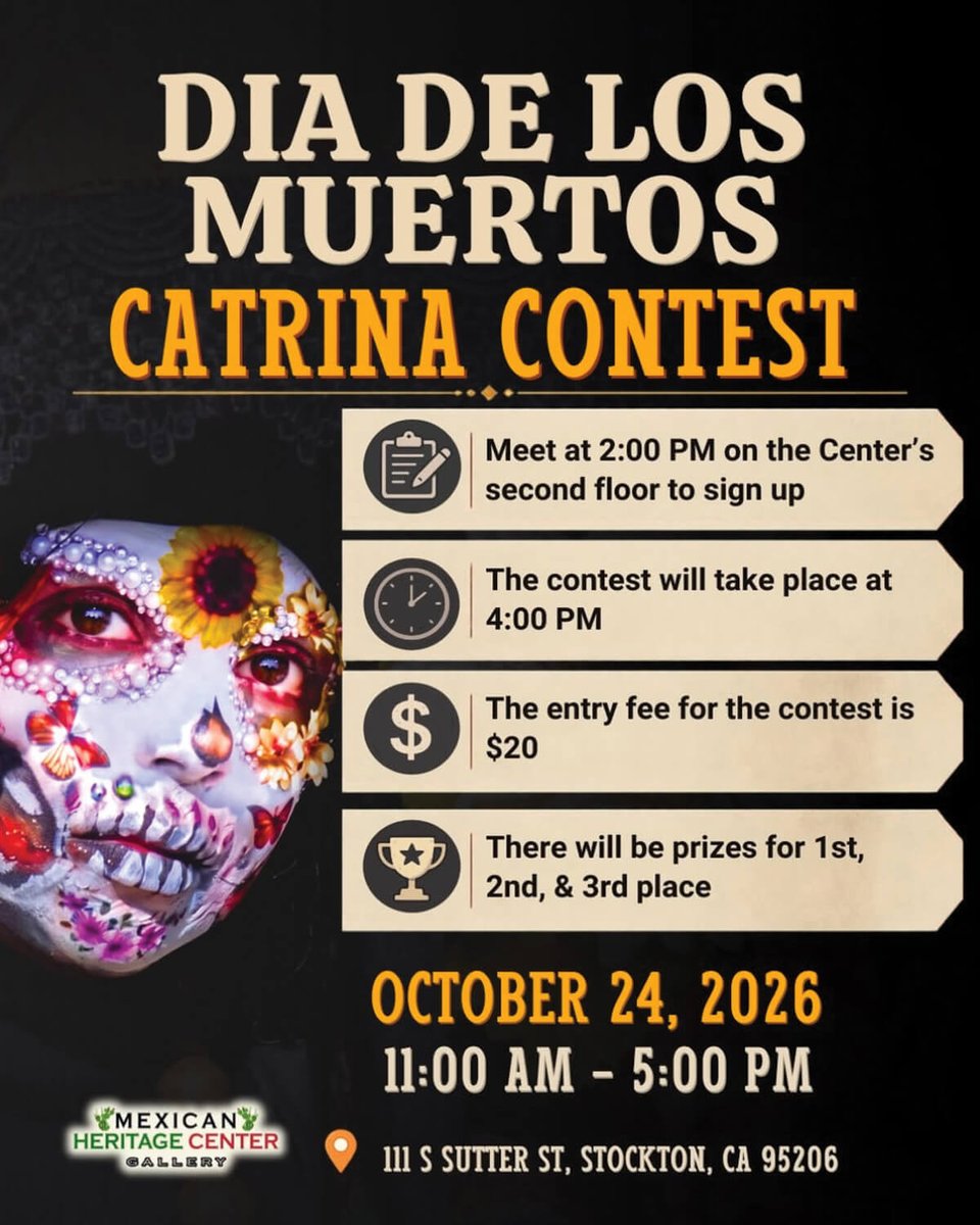 EventsInCali's tweet photo. https://t.co/ShiHhWc9DW

Dia de los Muertos, Catrina Contest, Stockton, CA | Oct 24, 2026

#CatrinaContest #CentralValley #DiaDeLosMuertos #SanJoaquin #Stockton #DiadelosMuertos #latestevents #newevents #todayevents #events #eventspace #allevents https://t.co/FCS3Gvamj9
