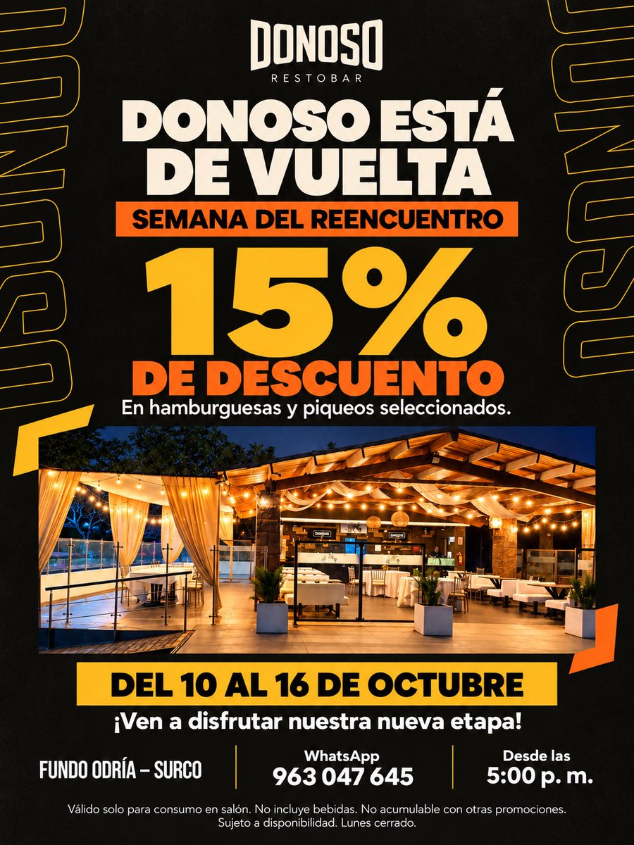DonOso_pe's tweet photo. Donoso volvió y lo hizo en un lugar nuevo y muy lindo. Los esperamos con el cariño de siempre y el equipo de siempre. Dirección: Av Nicolás Rodrigo 101.  Atendemos de Martes a Domingo desde las 5:00 pm https://t.co/H17dTCMsp1