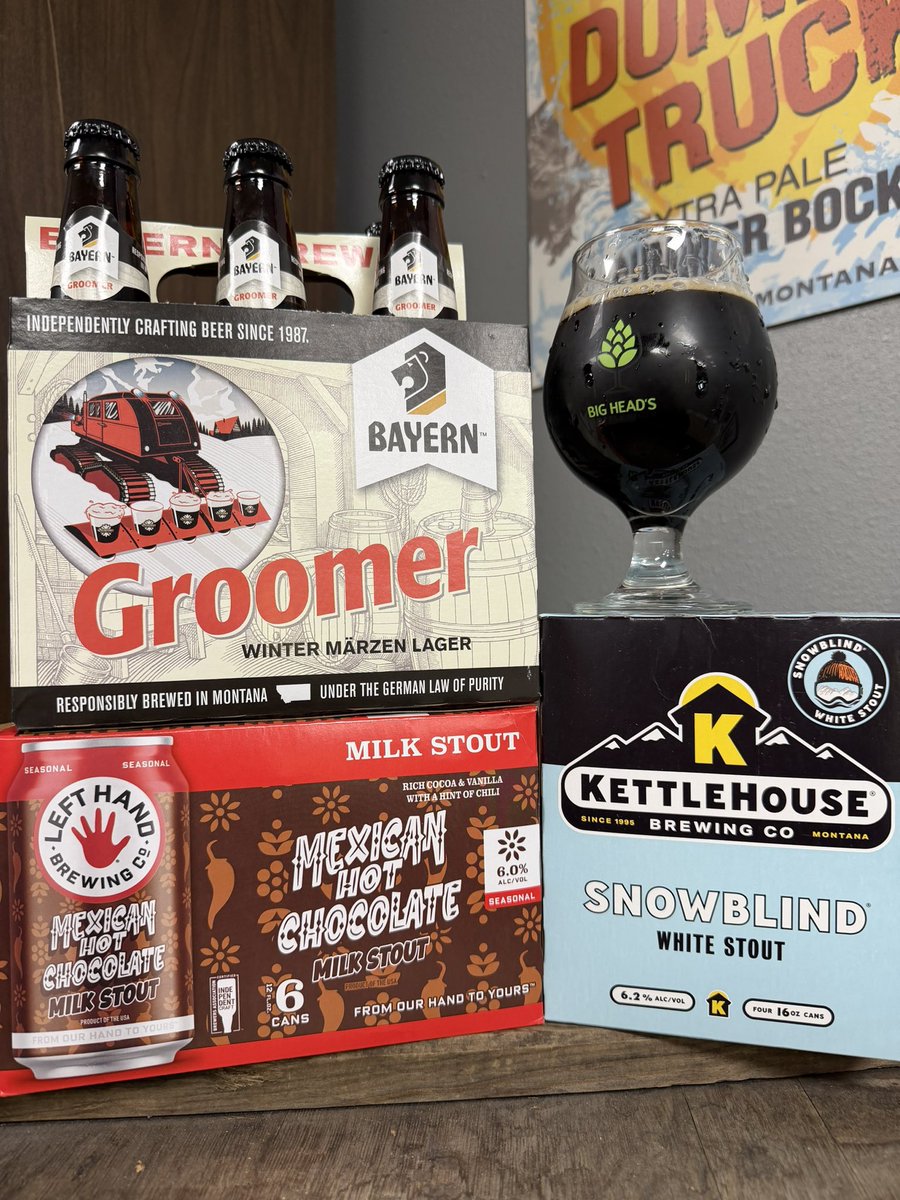 SulaBigHead1's tweet photo. Welp, if it’s going to ❄️ might as well get after some hot chocolate and winter brews @bayernbrewing Groomer @kettlehouse Snowblind and @lefthandbrewing Mexican Hot Chocolate have landed in the shop recently ☃️ #missoula #beerstore #bottleshop #montana #doyouwanttobuildasnowman https://t.co/R5jMUJVpy6