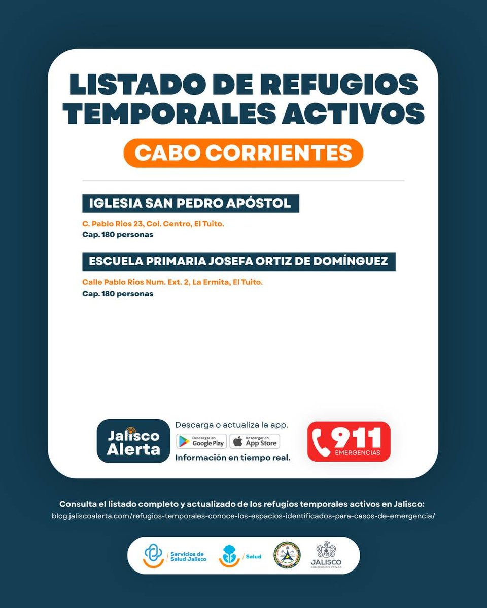 DIFJalisco's tweet photo. Consulta los refugios temporales activos en Cihuatlán, La Huerta, Puerto Vallarta y Cabo Corrientes. 📍🌧️

Mantente informado a través de canales oficiales y, ante cualquier emergencia, llama al 911. ¡Cuidarnos es tarea de todas y todos! 🧡 https://t.co/stMAlhX4fW