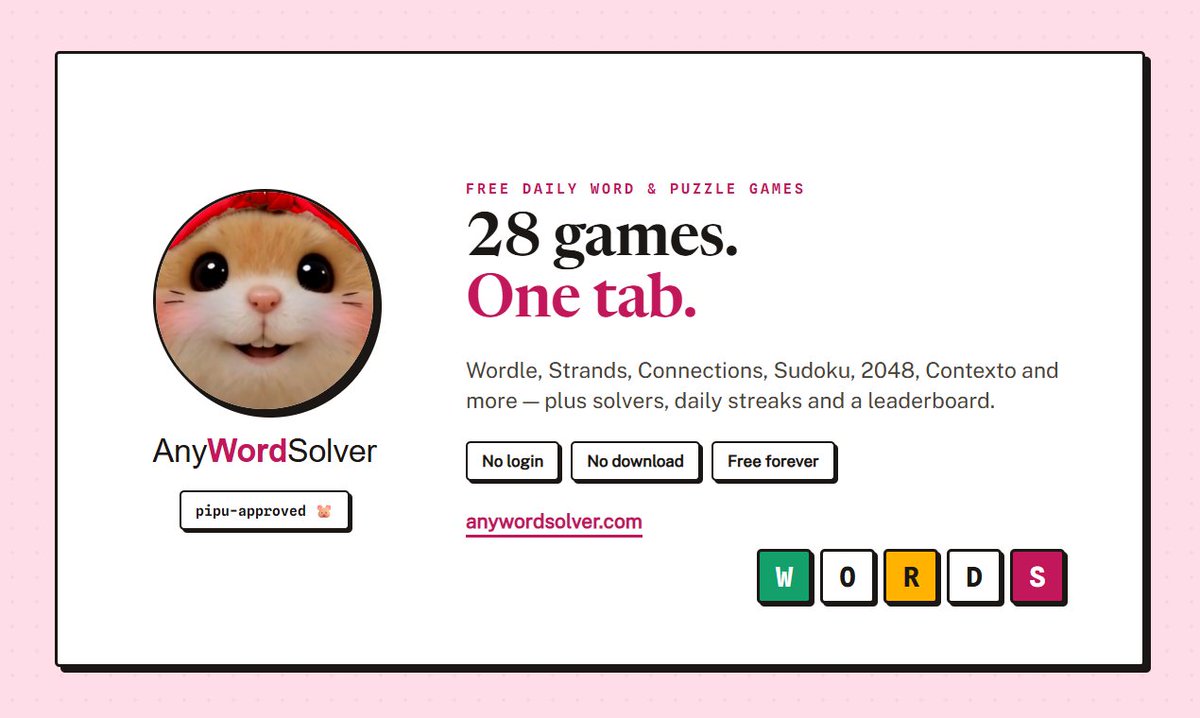rknkrishna's tweet photo. Today I'm launching https://t.co/585xHMwOSn on Product Hunt 🚀

28 free daily word &amp; puzzle games: Wordle, Connections, Strands, Sudoku, 2048, Contexto + solvers &amp; hints.

No login. No download. Free forever.

Would love your honest feedback 🙏
https://t.co/yqheLB6Gzt https://t.co/7AaLUm9a1U