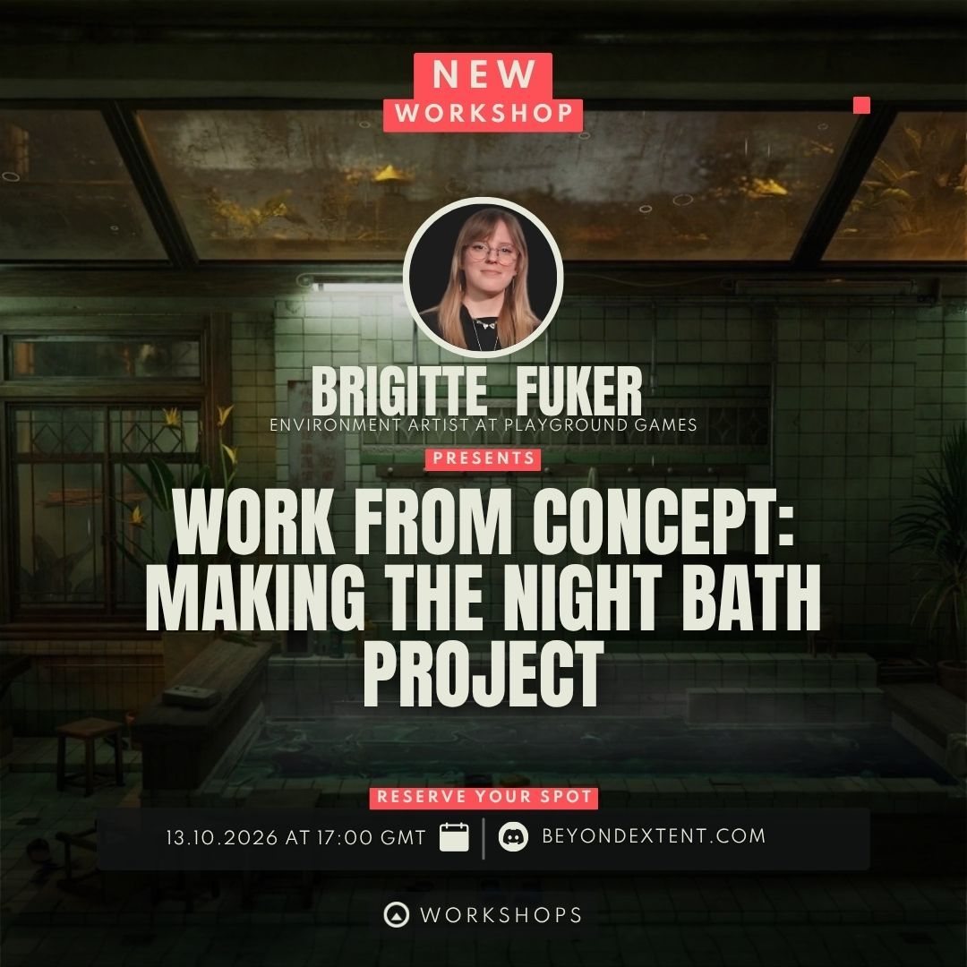 BeyondExtent's tweet photo. Join Playground Games Environment Artist Brigitte Fuker as she breaks down her "Night Bath" project! 

Learn 2D concept analysis, lighting, &amp; capturing 3D mood.

Tue, Oct 13 - 17:00 GMT
Live + Q&amp;A
Join: https://t.co/bYksfdDj3W 

#gamedev #3dart #gameart https://t.co/mdnT4YTai7