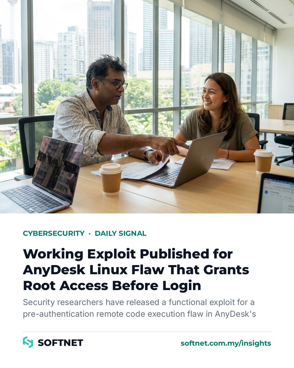 softnet's tweet photo. 🚨 CYBER: Working Exploit Published for AnyDesk Linux Flaw That Grants Root Access Before Login

https://t.co/hjqvMHudZ9
#Cybersecurity #InfoSec #SOFTNET https://t.co/usjxFPp0tP