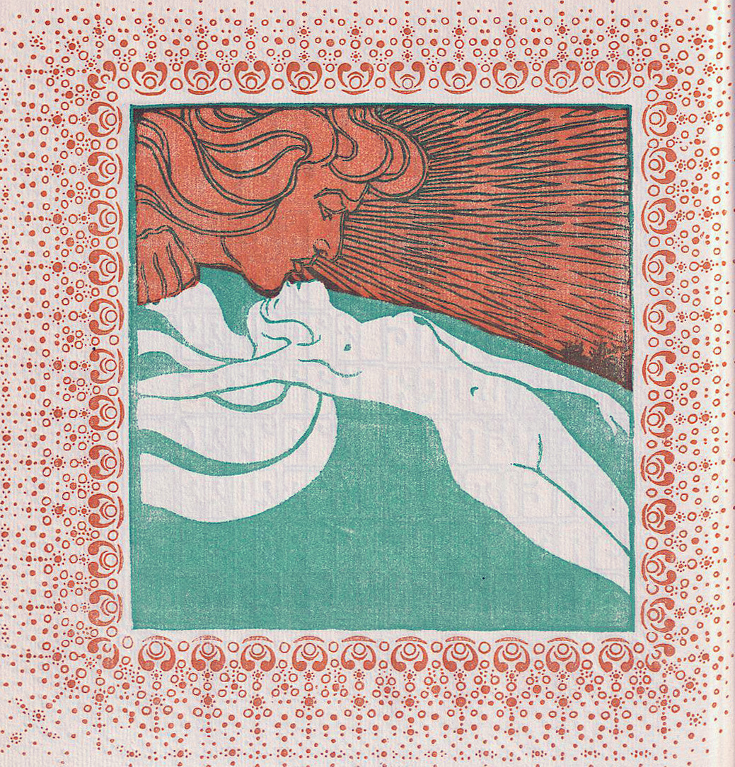 archaeologyart's tweet photo. March: Spotlight Kiss. Woodcut by Wilhelm List, Ver Sacrum, 1903. https://t.co/R3sicJBJqU