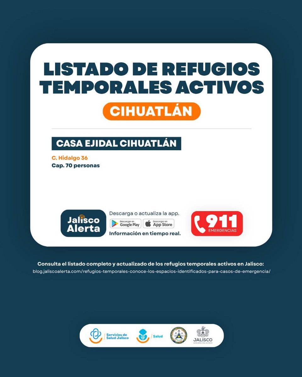 DIFJalisco's tweet photo. Consulta los refugios temporales activos en Cihuatlán, La Huerta, Puerto Vallarta y Cabo Corrientes. 📍🌧️

Mantente informado a través de canales oficiales y, ante cualquier emergencia, llama al 911. ¡Cuidarnos es tarea de todas y todos! 🧡 https://t.co/stMAlhX4fW