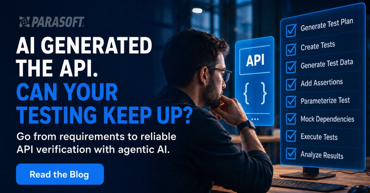 Parasoft's tweet photo. Learn how agentic AI helps you go from requirements to a validated API in minutes with fewer manual steps and handoffs.  Read the Blog → https://t.co/4shECZFq0m https://t.co/itAtNhBjlN