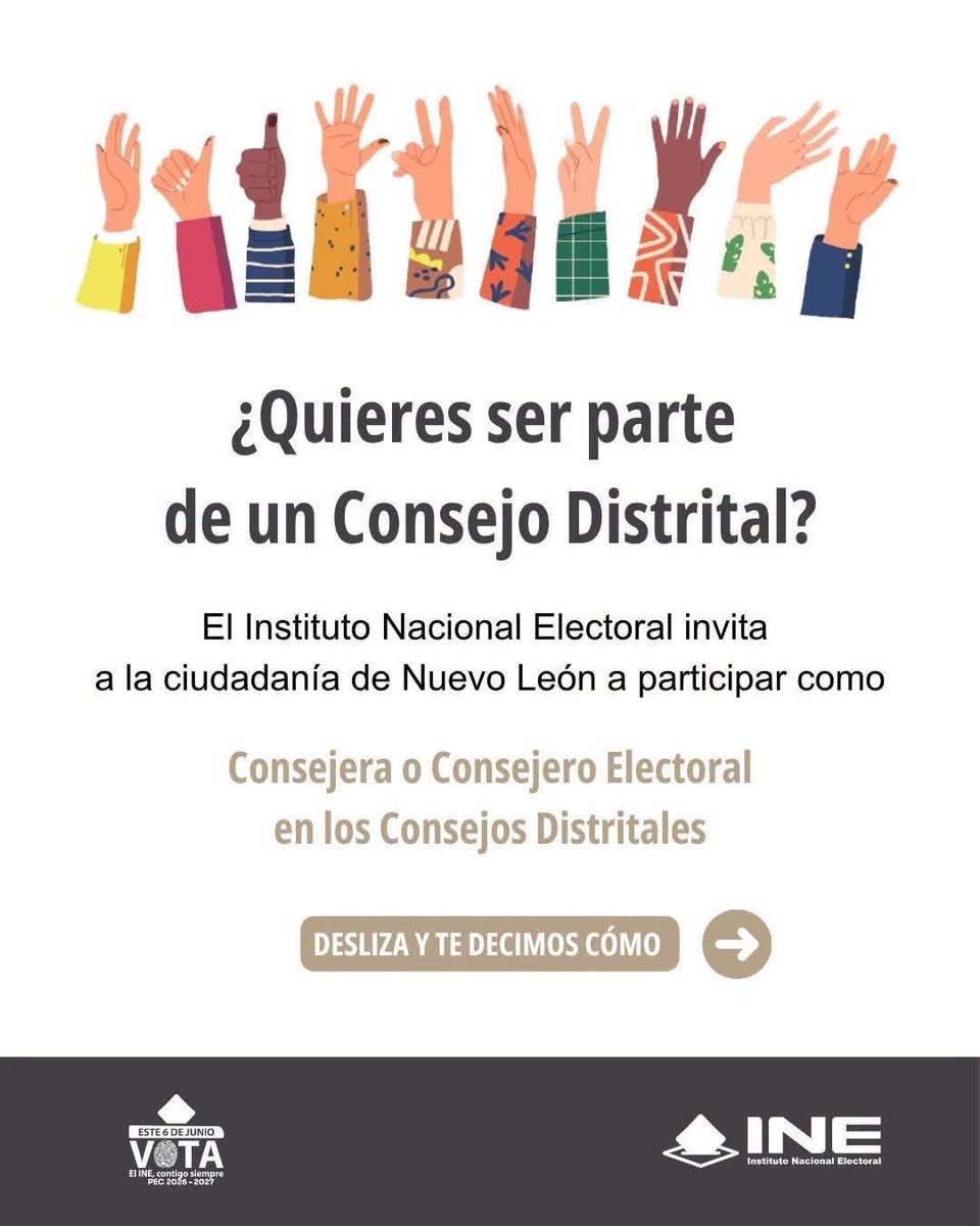julimar88's tweet photo. 📣📣 Te invitamos a participar como integrante de los Consejos Distritales del INE en Nuevo León.

👀 Consulta a detalle la convocatoria e inicia el proceso de selección. Si necesitas más información llama al 🤳 81 8345 8712, o envía un correo electrónico a 📧 nl. https://t.co/V8QHWxDAWO