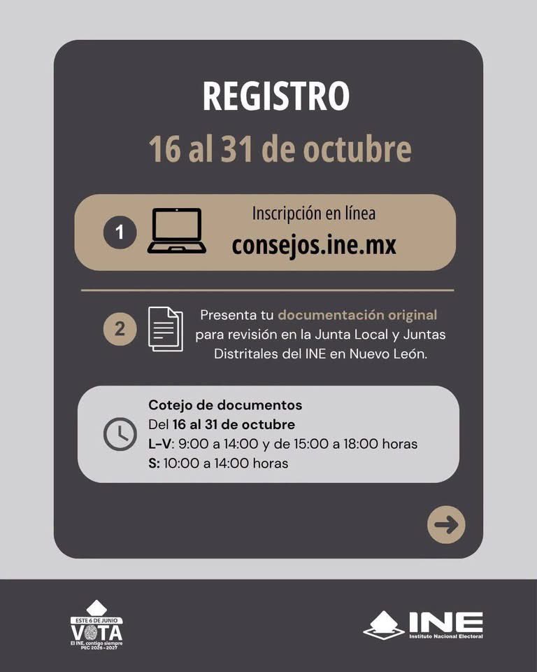 julimar88's tweet photo. 📣📣 Te invitamos a participar como integrante de los Consejos Distritales del INE en Nuevo León.

👀 Consulta a detalle la convocatoria e inicia el proceso de selección. Si necesitas más información llama al 🤳 81 8345 8712, o envía un correo electrónico a 📧 nl. https://t.co/V8QHWxDAWO