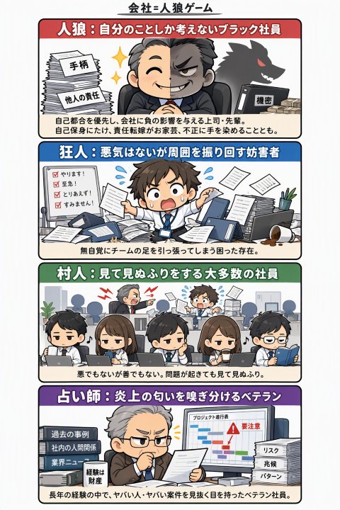 localsenavi's tweet photo. 中小企業あるある「会社は人狼ゲーム」説

会社生活=人狼ゲーム。攻略のカギは同期のキズナ。

https://t.co/xlNrShFAxT

#中小企業 #人狼ゲーム #人間関係 #ブラック企業 #エンジニア #配属ガチャ https://t.co/8tsT9ajQiV