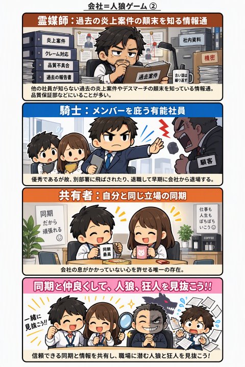 localsenavi's tweet photo. 中小企業あるある「会社は人狼ゲーム」説

会社生活=人狼ゲーム。攻略のカギは同期のキズナ。

https://t.co/xlNrShFAxT

#中小企業 #人狼ゲーム #人間関係 #ブラック企業 #エンジニア #配属ガチャ https://t.co/8tsT9ajQiV
