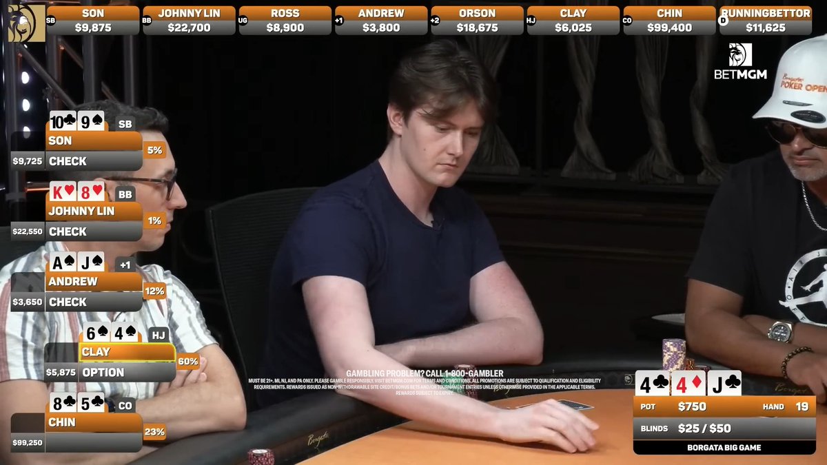 A screenshot from the Borgata Big Game poker broadcast showing player hole cards (SON: 10♣9♠, JOHNNY LIN: K♥8♥, ANDREW: A♠J♠, CLAY: 6♠4♣, CHIN: 8♣5♣), a community board of 4♣4♦J♣, with a pot of $750 and blinds at $25/$50.