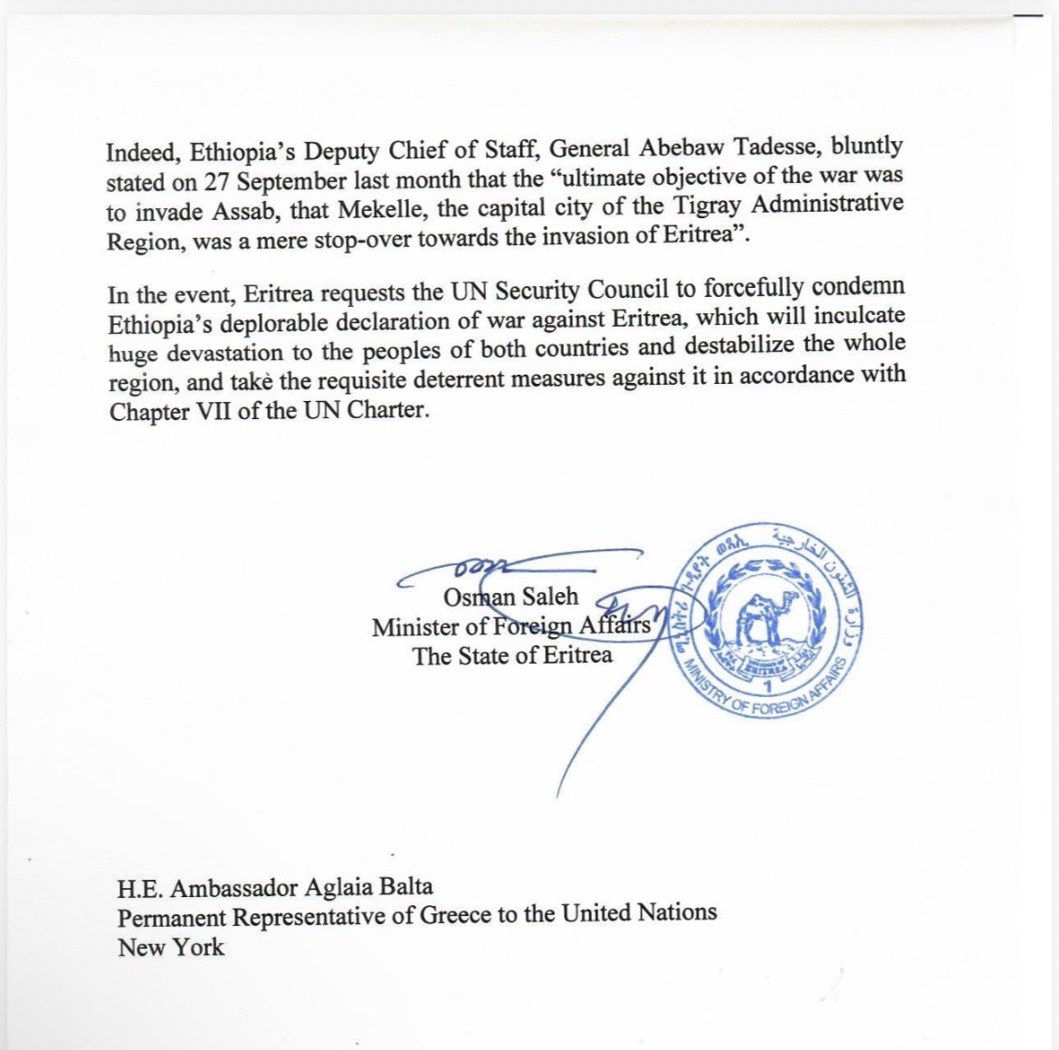 MarksSimon's tweet photo. Eritrea increasingly sees the war in northern Ethiopia as the initial phase of a larger plan in Addis Ababa to take control of the port of Assab on the Red Sea, as seen in this letter sent to the UNSC. https://t.co/M5cW2KlhiT