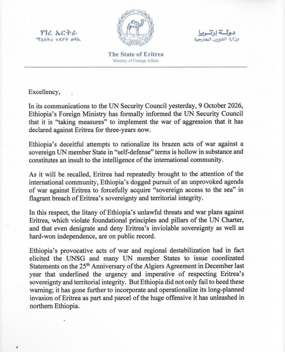MarksSimon's tweet photo. Eritrea increasingly sees the war in northern Ethiopia as the initial phase of a larger plan in Addis Ababa to take control of the port of Assab on the Red Sea, as seen in this letter sent to the UNSC. https://t.co/M5cW2KlhiT