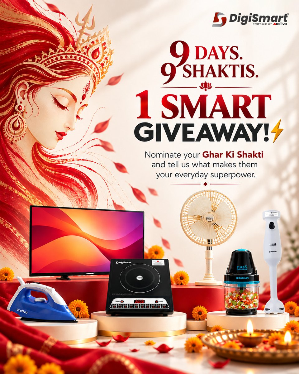 DigiSmartElect's tweet photo. This Navratri, we’re celebrating the women who keep the home running, make everyday life easier, and somehow manage to do it all. ❤️

Here’s how to enter:

Visit @digismartofficial on Instagram

#Navratri #GharKiShakti #SmartLivingStartsHere #EverydayMadeEasy https://t.co/t2c7Jfby3Y