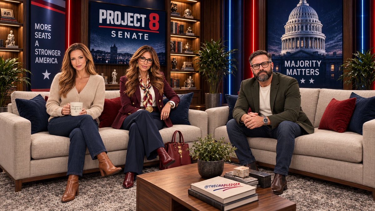 A political talk show set featuring three people seated on couches with 'PROJECT 8 SENATE', 'MORE SEATS A STRONGER AMERICA', and 'MAJORITY MATTERS' signage in the background, with a Capitol building image and '@THECHADLEDGER' watermark.