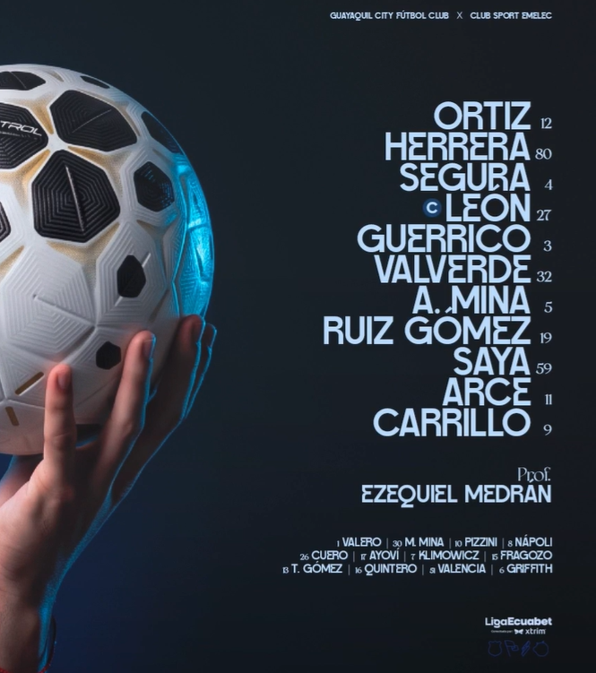 laredecuador's tweet photo. ¡Partido en Guayaquil! 🔥

Así forman @GuayaquilCityFC 🔵 y @CSEmelec 🔵⚡ para su partido por la fecha 2 del cuadrangular por la Copa Sudamericana de la LigaPro. 🏆🇪🇨 https://t.co/6usUzQri9n