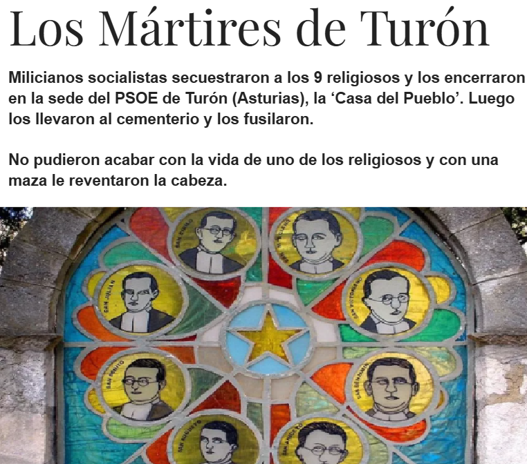 CCivicaCatalana's tweet photo. Hoy hace 92 años milicianos socialistas asesinaron y torturaron a 9 religiosos, tras encerrarlos en la sede del PSOE en Turón (Asturias).

Juan Pablo II los beatificó en 1990 tras comprobar la extrema crueldad de sus asesinos.

El PSOE nunca ha pedido perdón por estos crímenes. https://t.co/jk9Z2soTxG