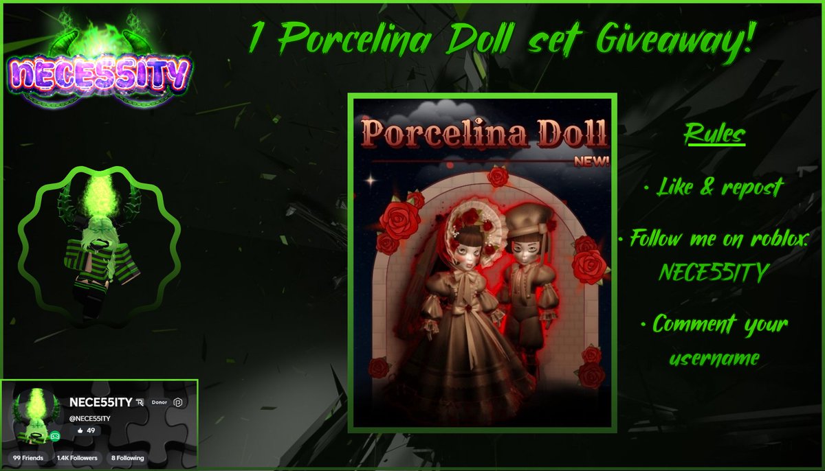 NECE55ITY's tweet photo. Hi loves! 
Separate Porcelina Doll set giveaway! 

✨️ | Like &amp; Repost
✨️ | Follow me on Roblox: NECE55ITY
✨️ | Comment your username! 

Winner will be announced tomorrow, October 11th at 12pm MST! 
#royalehigh #rhtc #rh https://t.co/QIwVJf1n4L