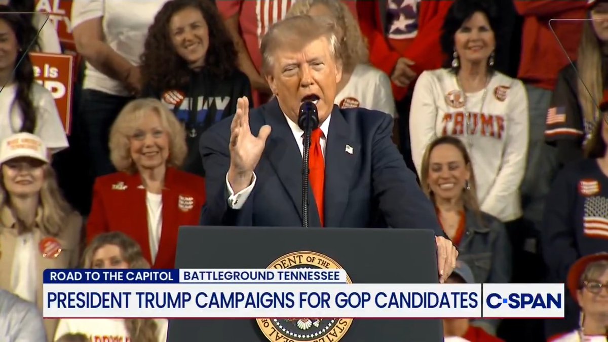 A C-SPAN news broadcast screenshot showing Donald Trump speaking at a podium, with chyron text 'ROAD TO THE CAPITOL | BATTLEGROUND TENNESSEE' and 'PRESIDENT TRUMP CAMPAIGNS FOR GOP CANDIDATES'.