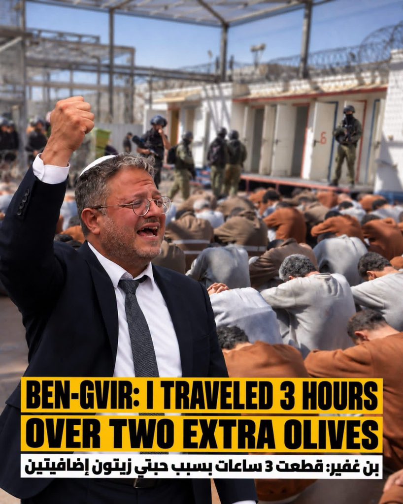 Astridueil's tweet photo. Ben Gvir made a three-hour journey while fasting just to interrogate a prison over two extra olives 🫒 🫒  given to a Palestinian prisoner. A pathetic and cruel obsession sparked by a terrorist guard’s photo!! https://t.co/bdggTv9NtX