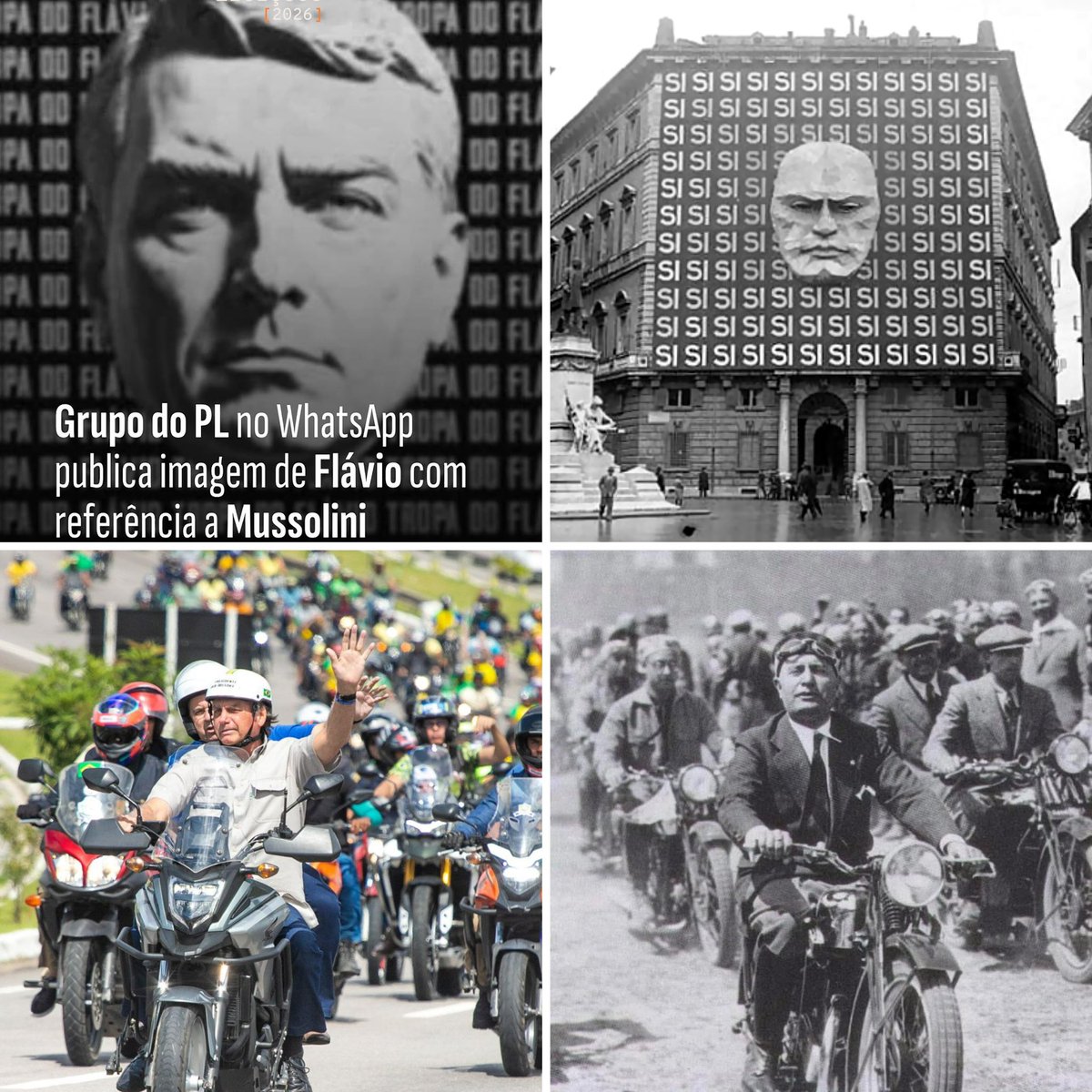 PedroRonchi2's tweet photo. Grupo do PL usando o Flávio para imitar Mussolini // Bolsonaro fazendo motociata igual Mussolini https://t.co/rsUCD7m4vg