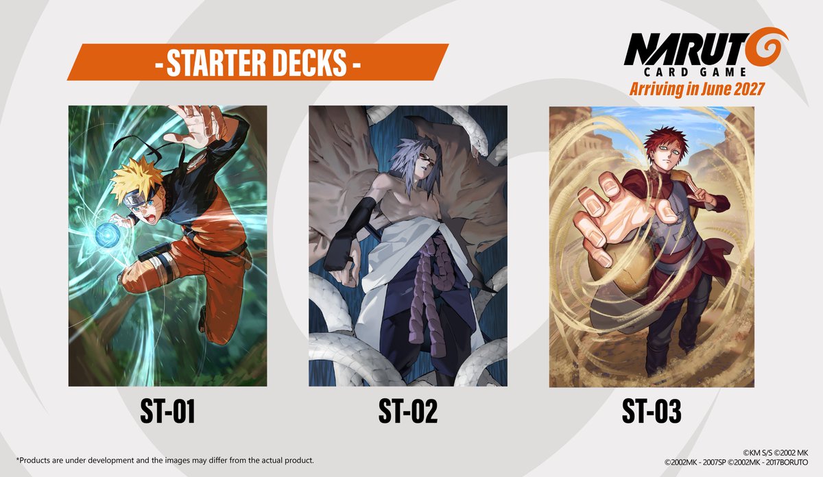 narutotcg_eng's tweet photo. Here are the first 3 NARUTO CARD GAME Starter Decks!
 
These 3 pre-constructed decks, themed around Naruto Uzumaki, Sasuke Uchiha, and Gaara, contain all the cards you need to start the game, letting you enjoy them right out of the box.​
 
With different leaders at the helm, you’ll use the unique skillsets of your Ninjas, and your own game winning strategy, to battle with an opponent!​
 
#NARUTOTCG