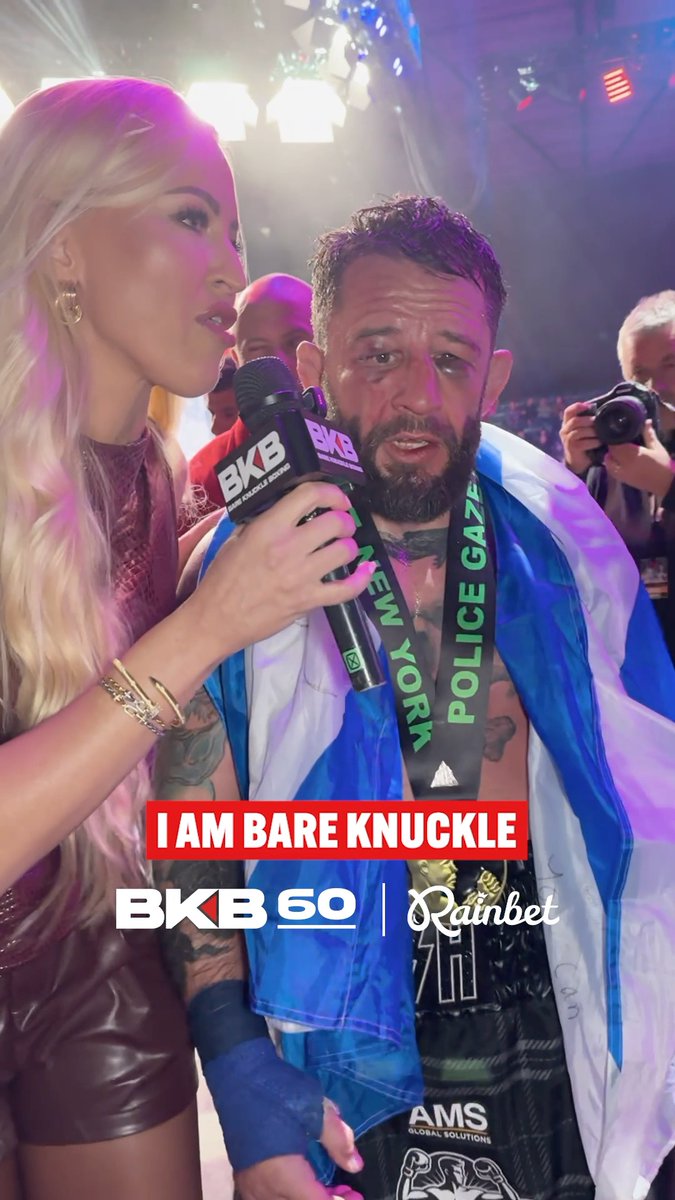 A promotional screenshot for 'BKB 60' bare knuckle boxing showing a post-fight interview with a bearded fighter draped in a flag and an emotional caption reading 'I AM BARE KNUCKLE'.